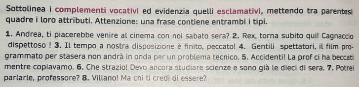 Sottolinea i complementi vocativi ed evidenzia quelli esclamativi, mettendo tra parentesi 
quadre i loro attributi. Attenzione: una frase contiene entrambi i tipi. 
1. Andrea, ti piacerebbe venire al cinema con noi sabato sera? 2. Rex, torna subito qui! Cagnaccio 
dispettoso ! 3. Il tempo a nostra disposizione è finito, peccato! 4. Gentili spettatori, il film pro- 
grammato per stasera non andrà in onda per un problema tecnico. 5. Accidenti! La prof ci ha beccati 
mentre copiavamo. 6. Che strazio! Devo ancora studiare scienze e sono già le dieci di sera. 7. Potrei 
parlarle, professore? 8. Villano! Ma chi ti credi di essere?