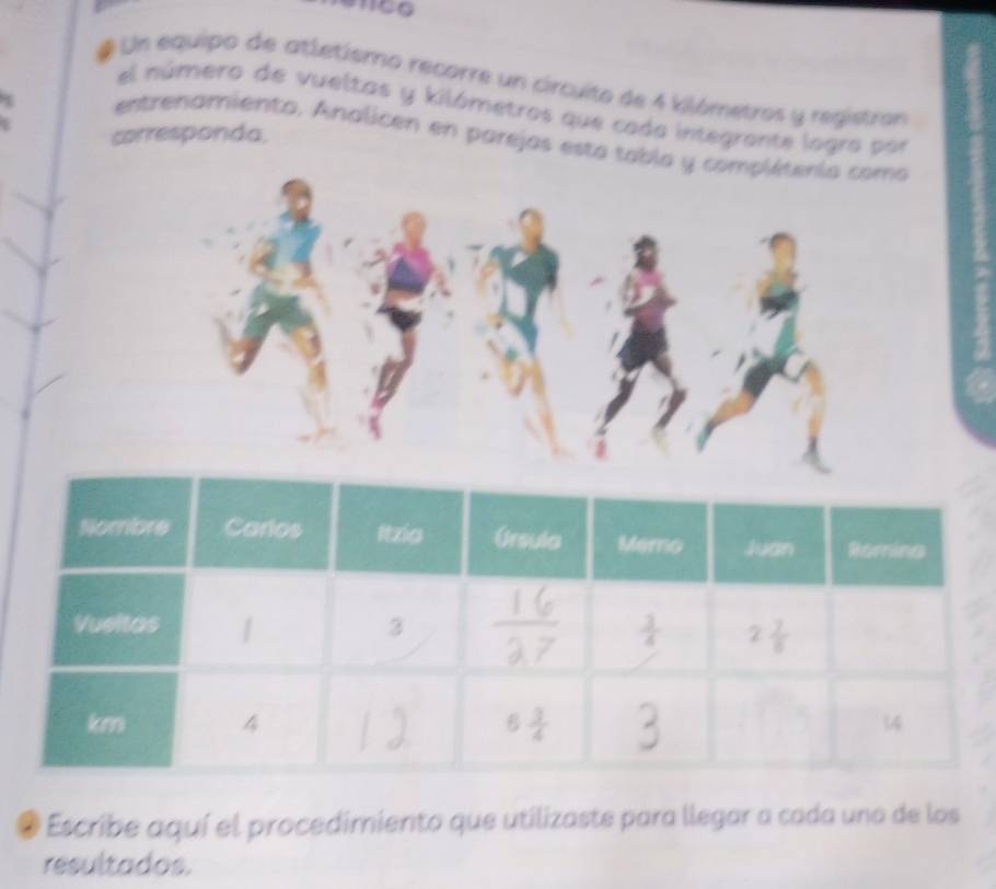 # Un equipo de atletiemo recorre un circuito de 4 kilómetros y registran
el número de vueltas y kilómetros que cada integrante logra por
corresponda.
entrenamiento. Analicen en parejas esta tabla y complétenía como
● Escribe aquí el procedimiento que utilizaste para llegar a cada uno de los
resultados.