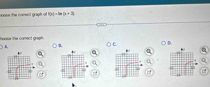 hoose the correct graph of f(x)=ln (x+3). 
hoose the correct graph. 
A. 
B. 
C. 
D. 

a