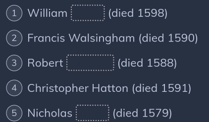 1William ∈tlimits _ab^(++a+a+b+c+a+b+c=a=frac □)2 frac 3^(6 frac 5)8 hline endarray (died 1598)
2 Francis Walsingham (died 1590)
3 Robert beginarrayr ax^2* axaxaxaxaxaxaxax*  frac 5frac 4x2  1/2  * a* * * * * * * * * * * * * * * * * * * * * * * * * *  frac  5/2   5/6  hline endarray (died 1588)
4) Christopher Hatton (died 1591)
5Nicholas ∈tlimits _ π /6 ^axcsc xcsc xx=frac  π /6 _ π /6 ^frac a (died 1579)