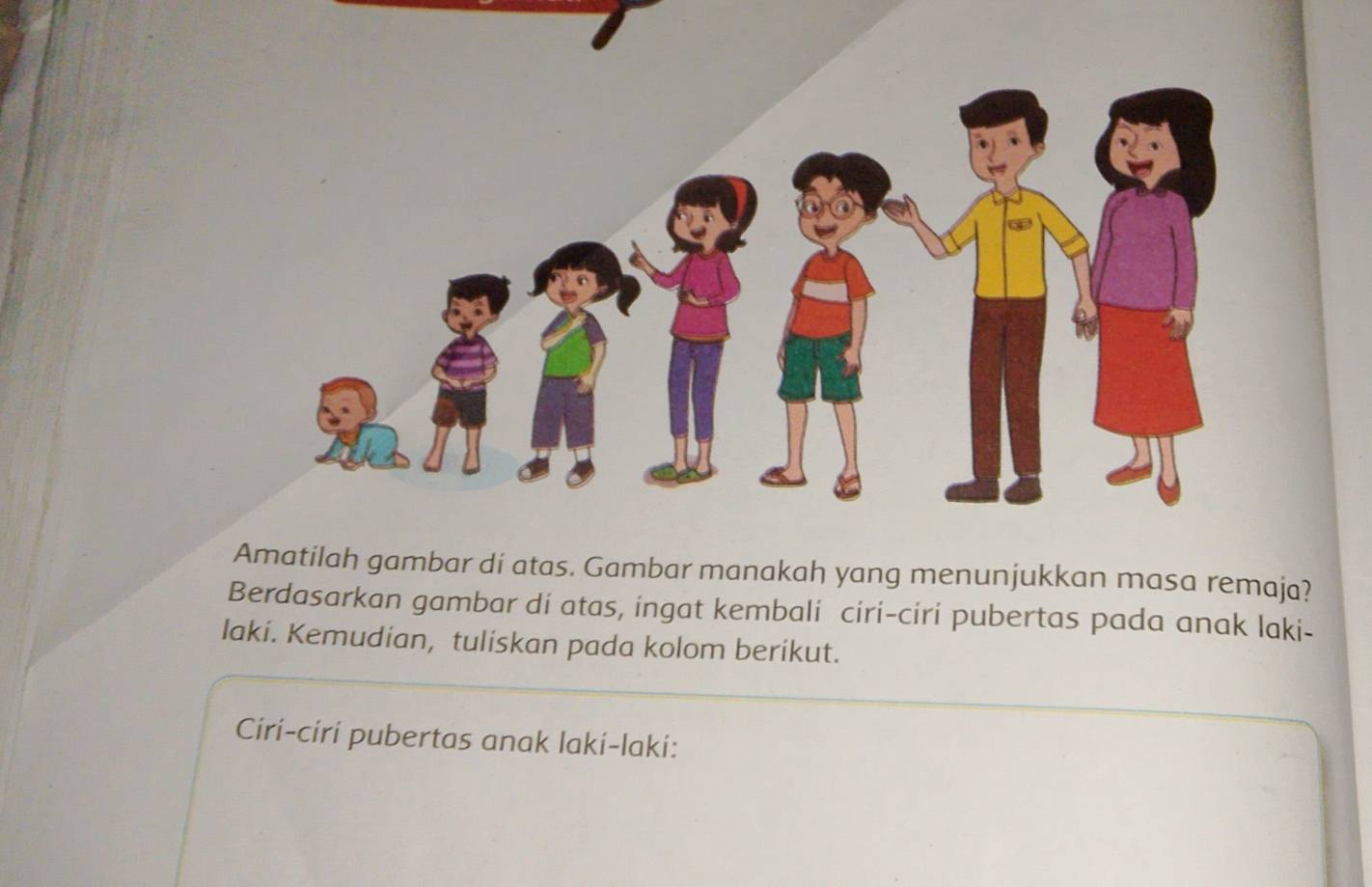 Amatilah gambar di atas. Gambar manakah yang menunjukkan masa remaja? 
Berdasarkan gambar di atas, ingat kembali ciri-ciri pubertas pada anak laki- 
laki. Kemudian, tuliskan pada kolom berikut. 
Ciri-cirí pubertas anak lakí-lakí: