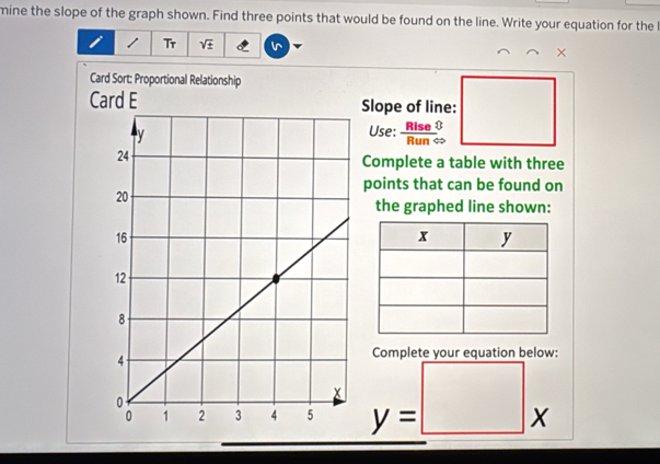 mine the slope of the graph shown. Find three points that would be found on the line. Write your equation for the l 
1 Tr sqrt(± ) × 
Card Sort: Proportional Relationship 
Card E Slope of line: 
Use:  Rise0/RunLeftrightarrow  
Complete a table with three 
points that can be found on 
the graphed line shown: 
Complete your equation below:
y= X