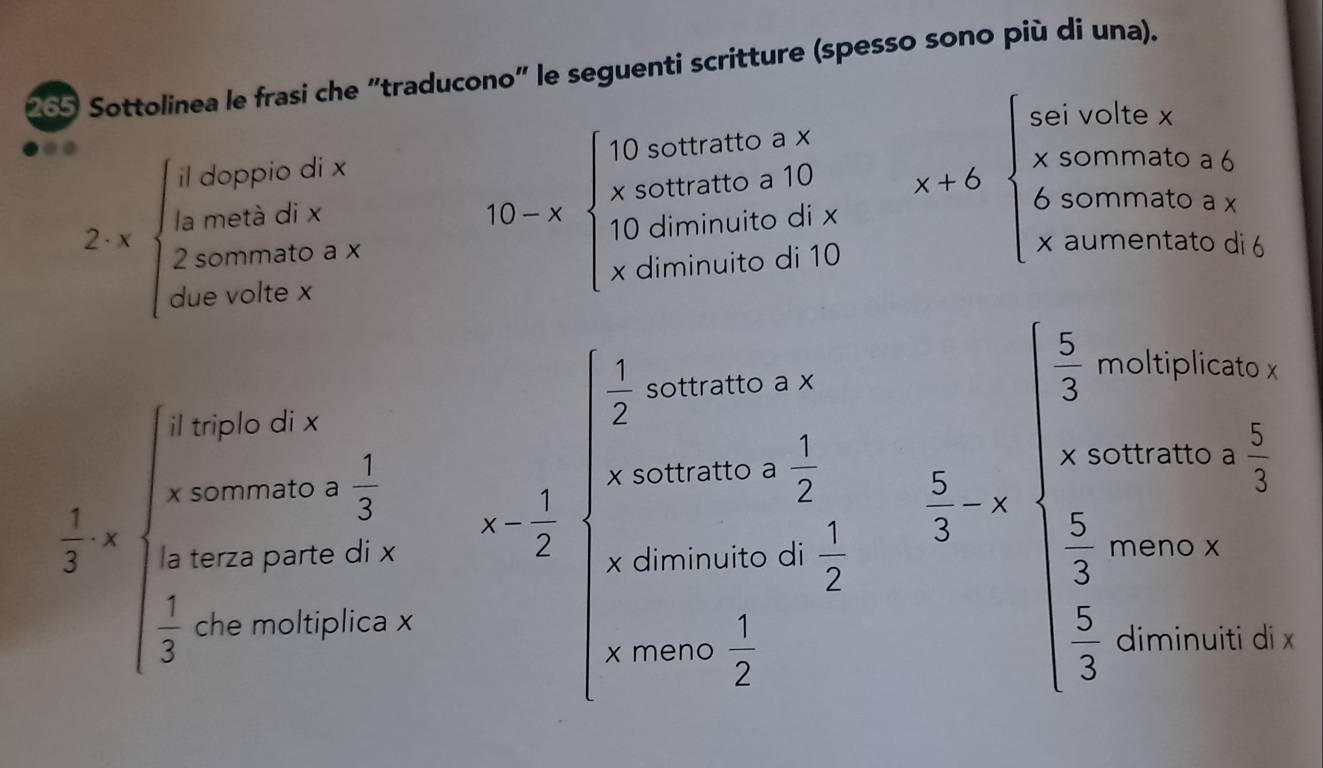 Sottolinea le frasi che "traducono" le seguenti scritture (spesso sono più di una). 
.. 
il doppio di x
0-xbeginarrayl 10sottratioax xsottratioa10 10diminutodix xdiminutodi10endarray. beginarrayr selvotexitex xsommatoa 6sommatoa xatonintiosendarray.
ommato 
la metà di x 6 
2 sommato a × v. ................. 
comnidtoa 
di 6
2· x  ... 1 
due volte x
510^(10)
 1/2 =beginarrayl 0,995* 3* frac 1200,0,120,20. 2 hline endarray 2+100,000,000* 100thx,00,000,0.92 hline endarray a- 1/2 beginarrayl -2,000,x≤slant 0, when x+10 whenclosecircle2endarray. beginarrayr  1/2  d 1/2 end(array)°  5/2 =1frac (frac _1)^(_2)^1 5/2 xm r/2 +1)* frac 1 1(|1)^2^2^(m-10)-1-x)
 1/2 
□ 