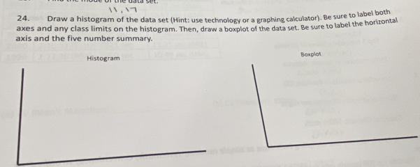 Draw a histogram of the data set (Hint: use technology or a graphing calculator). Be sure to label both 
axes and any class limits on the histogram. Then, draw a boxplot of the data set. Be sure to label the horizontal 
axis and the five number summary. 
Histogram Baxplot