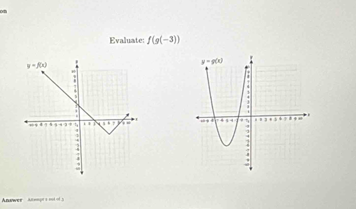 on
Evaluate: f(g(-3))

Answer Attempt 2 out of 3