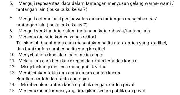 Menguji representasi data dalam tantangan menyusun gelang warna- warni / 
tantangan lain ( buka buku kelas 7) 
7. Menguji optimalisasi penjadwalan dalam tantangan mengisi ember/ 
tantangan lain ( buka buku kelas 7) 
8. Menguji struktur data dalam tantangan kata rahasia/tantang lain 
9. Menentukan satu konten yang kredibel 
Tuliskanlah bagaimana cara menentukan berita atau konten yang kredibel, 
dan buatkanlah sumber berita yang kredibel 
10. Menyebutkan ekosistem pers media digital 
11. Melakukan cara bersikap skeptis dan kritis terhadap konten 
12. . Menjelaskan jenis-jenis ruang publik virtual 
13. Membedakan fakta dan opini dalam contoh kasus 
Buatllah contoh dari fakta dan opini 
14. . Membedakan antara konten publik dengan konten privat 
15. Menentukan informasi yang dibagikan secara publik dan privat