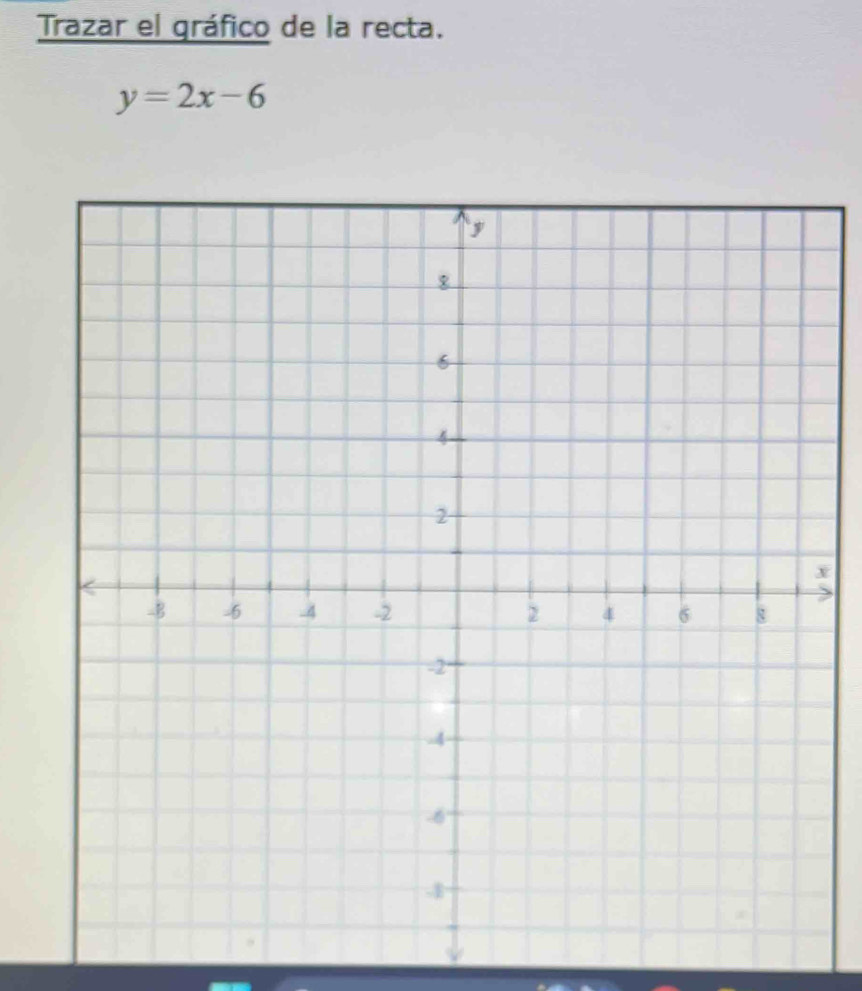 Trazar el gráfico de la recta.
y=2x-6
x