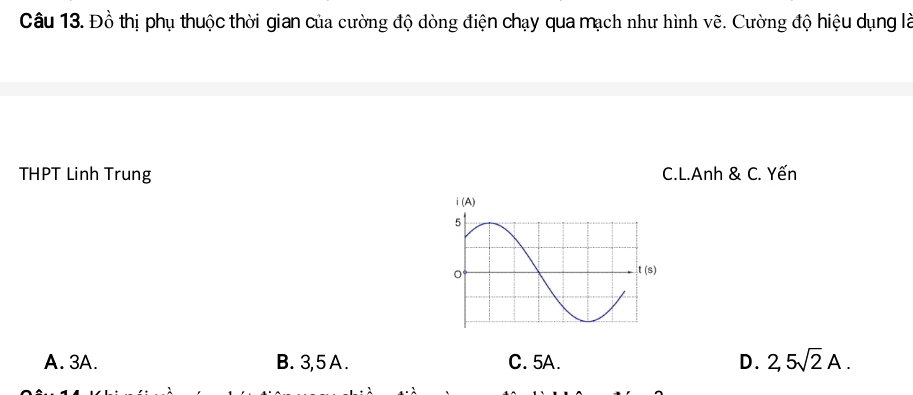 Đồ thị phụ thuộc thời gian của cường độ dòng điện chạy qua mạch như hình vẽ. Cường độ hiệu dụng là
THPT Linh Trung C.L.Anh & C. Yến
A. 3A. B. 3,5 A. C. 5A. D. 2,5sqrt(2)A.