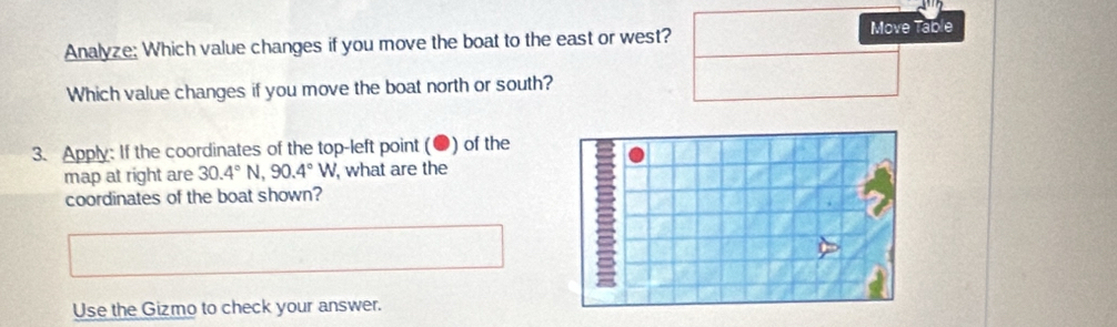 Analyze: Which value changes if you move the boat to the east or west? Move Table 
Which value changes if you move the boat north or south? 
3. Apply: If the coordinates of the top-left point ( ) of the 
map at right are 30.4°N, 90.4°W, , what are the 
coordinates of the boat shown? 
Use the Gizmo to check your answer.