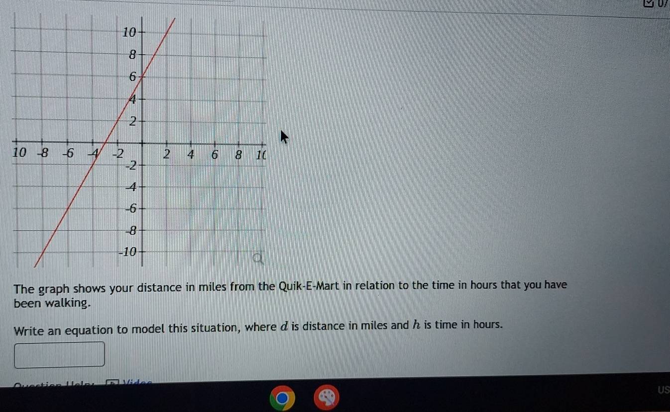 The graph shows your distance -E-Mart in relation to the time in hours that you have 
been walking. 
Write an equation to model this situation, where d is distance in miles and h is time in hours. 
Us