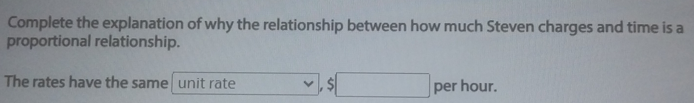 Complete the explanation of why the relationship between how much Steven charges and time is a 
proportional relationship. 
The rates have the same unit rate $ □ per hour.