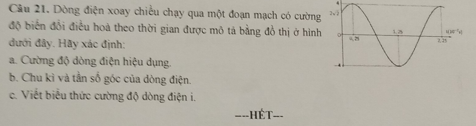 Dòng điện xoay chiều chạy qua một đoạn mạch có cường
độ biến đổi điều hoà theo thời gian được mô tả bằng đồ thị ở hình
đưới đây. Hãy xác định:
a. Cường độ dòng điện hiệu dụng.
b. Chu kì và tần số góc của dòng điện.
c. Viết biểu thức cường độ dòng điện i.
_hét_