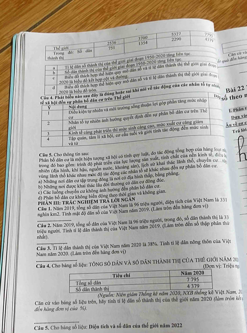 ân cử và
_
tđến hàng
a Tỉ lệ dân số thành thị của thế giới
_
b Số dân thành thị của thế giới giai đoạn 1950-2020 tăng
c Biểu đồ thích hợp thể hiện quy mô dân số và tỉ lệ dân thành thị thế giới giai đoạn
2020 là biểu đồ kết hợp cột và đường.
d Biểu đồ thích hợp thể hiện quy mô dân số và tỉ lệ dân thành thị thế giới giai đoạn
biểu đồ tròn.
Bài 22
ai khì nói về tác động của các nhân tố tự nhit
eo r
Phân ti
ựa vào
rả lời
ề cơ c
Câu 5. Cho thông tin sau:
Phân bố dân cư là một hiện tượng xã hội có tính quy luật, do tác động tổng hợp của hàng loạt nh
trong đó bao gồm: trình độ phát triển của lực lượng sản xuất, tính chất của nền kinh tế, điều k
nhiên (địa hình, khí hậu, nguồn nước, khoáng sản), lịch sử khai thác lãnh thổ, chuyển cư tuy
vùng lãnh thổ khác nhau mức độ tác động các nhân tố sẽ khác nhau đến sự phân bố dân cư.
a) Những nơi dân cư tập trung đông là nơi có địa hình thấp, bằng phẳng.
b) Những nơi được khai thác lâu đời thường có dân cư đông đúc. ....
c) Các luồng chuyển cư không ảnh hưởng đến phân bố dân cư.
d) Phân bố dân cư không biển động theo thời gian và không gian.
..
phàN III: tráC ngHIệM TRÁ lời ngắn
Câu 1. Năm 2019, tổng số dân của Việt Nam là 96 triệu người, diện tích của Việt Nam là 331 ..
nghìn km2. Tính mật độ dân số của Việt Nam năm 2019. (Làm tròn đến hàng đơn vị)
Câu 2. Năm 2019, tổng số dân của Việt Nam là 96 triệu người, trong đó, số dân thành thị là 33
triệu người. Tính tỉ lệ dân thành thị của Việt Nam năm 2019. (Làm tròn đến số thập phân thứ
nhất).
Câu 3. Tỉ lệ dân thành thị của Việt Nam năm 2020 là 38%. Tính tỉ lệ dân nông thôn của Việt
Nam năm 2020. (Làm tròn đến hàng đơn vị)
Câu 4, Cho bảng số liệu: TÔNG SÓ DÂN VÀ SÔ DÂN THÀNH THỊ CỦA THÊ GIỚI NăM 202
Đơn vị: Triệu ng
(Nguồn: Niên giám Thống kê nă Nam, 2
Căn cứ vào bảng số liệu trên, hãy tính tỉ lệ dân số thành thị của thế giới năm 2020 (làm tròn kết
đến hàng đơn vị của %).
_
Câu 5. Cho bảng số liệu: Diện tích và số dân của thế giới năm 2022