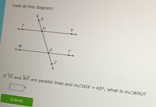 Look at this diagram: 
If overleftrightarrow TV and overleftrightarrow WY are parallel lines and m∠ VUX=65°
□°
, what is m∠ WXU 7 
Submilt