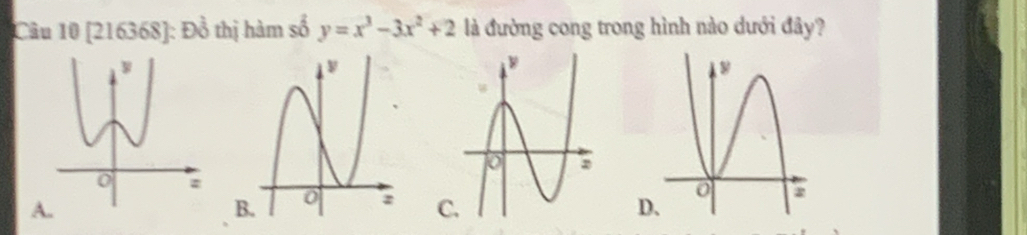 [216368]: Đồ thị hàm số y=x^3-3x^2+2 là đường cong trong hình nào dưới đây?
A.
D.