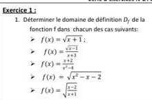 Déterminer le domaine de définition Dy de la
fonction f dans chacun des cas suivants:
f(x)=sqrt(x+1);
f(x)= (sqrt(x-1))/x+3 
f(x)= (x+2)/x^2-4 
f(x)=sqrt(x^2-x-2)
f(x)=sqrt(frac x-2)x+1