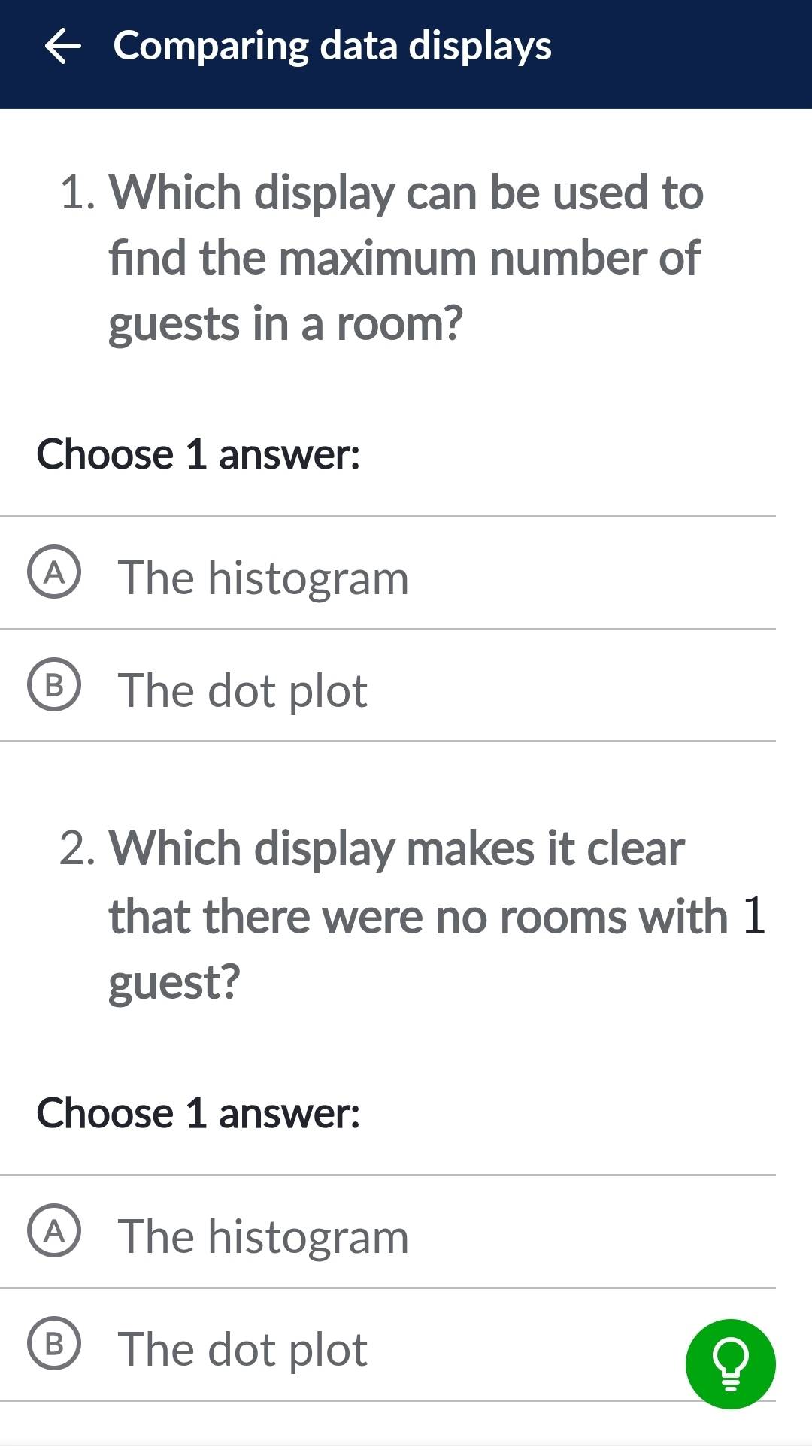 Comparing data displays
1. Which display can be used to
find the maximum number of
guests in a room?
Choose 1 answer:
A The histogram
The dot plot
2. Which display makes it clear
that there were no rooms with 1
guest?
Choose 1 answer:
1 The histogram
The dot plot