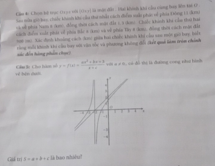 Cầu 4: Chọn hệ trục Oxyz với (Oxy) là mật đất . Hai khính khí cầu cùng bay lên tại O. 
Sau nửa giờ bay, chiếc khinh khí cầu thứ nhất cách điểm xuất phát về phía Đông 11 (km)
và về phía Nam 8 (km), đồng thời cách mặt đất 1,3 (km). Chiếc khính khí cầu thứ hai 
cách điểm xuất phát về phía Bắc 8 (km) và về phía Tây 8 (km), đồng thời cách mặt đất
900 (m). Xác định khoảng cách (km) giữa hai chiếc khinh khí cầu sau một giờ bay, biết 
rằng mỗi khinh khí cầu bay với vận tốc và phương không đổi (kết quả làm tròn chính 
xác đến hàng phần chục). 
Cầu 5: Cho hàm số y=f(x)= (ax^2+bx+3)/x+c  với a!= 0 :, có đồ thị là đường cong như hình 
vẽ bên dưới. 
Giá trị S=a+b+c là bao nhiêu?