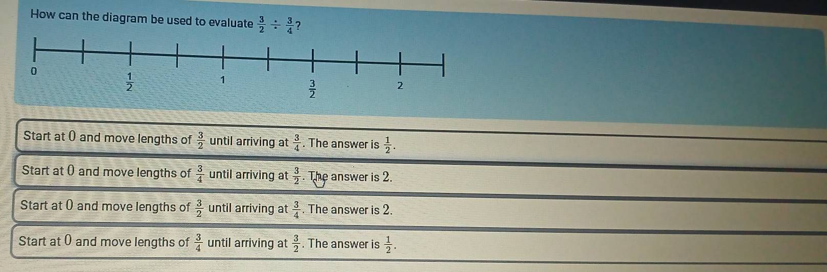 How can the diagram be used to evaluate  3/2 /  3/4  7
Start at ( and move lengths of  3/2  until arriving at  3/4 . The answer is  1/2 .
Start at ( and move lengths of  3/4  until arriving at  3/2 . The answer is 2.
Start at 0 and move lengths of  3/2  until arriving at  3/4 . The answer is 2.
Start at 0 and move lengths of  3/4 unti arriving at  3/2 . The answer is  1/2 .