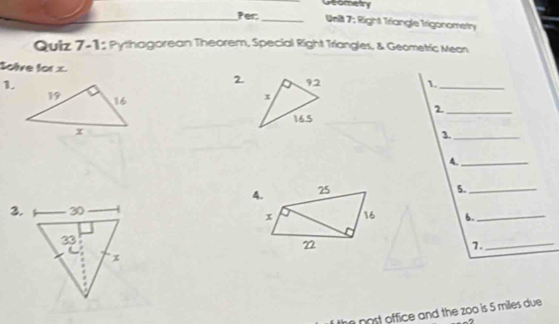 Solved: Geometry _Per:_ Unit 7: Right Triangle Trigonometry Quiz 7-1 ...