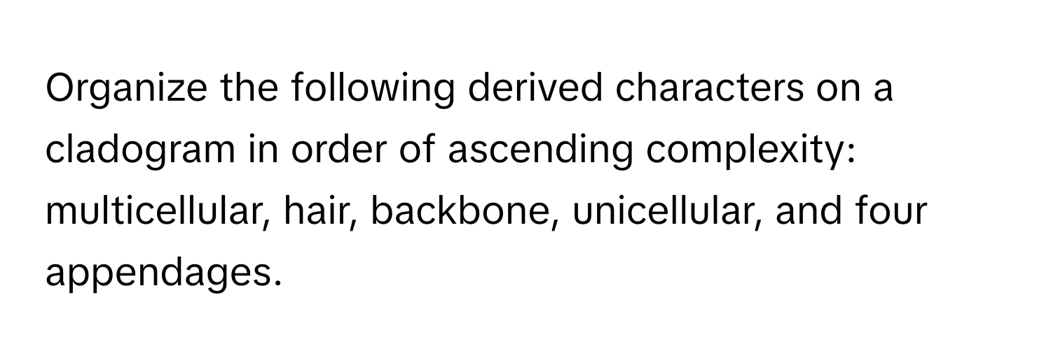 Organize the following derived characters on a cladogram in order of ascending complexity: multicellular, hair, backbone, unicellular, and four appendages.