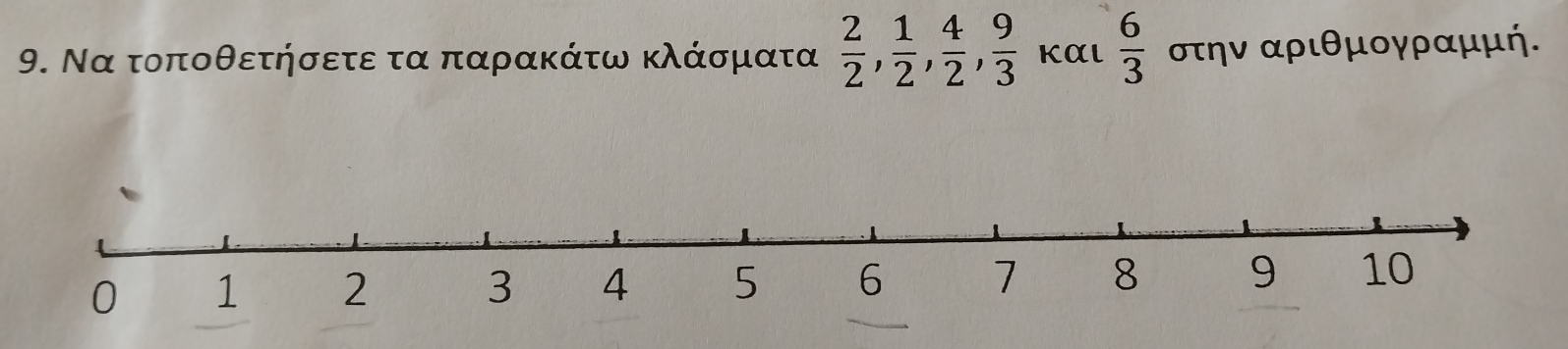 Να τοποθετήσετε τα παρακάτω κλάσματα  2/2 ,  1/2 ,  4/2 ,  9/3  Kαl  6/3  σην αριθμογραμμή.