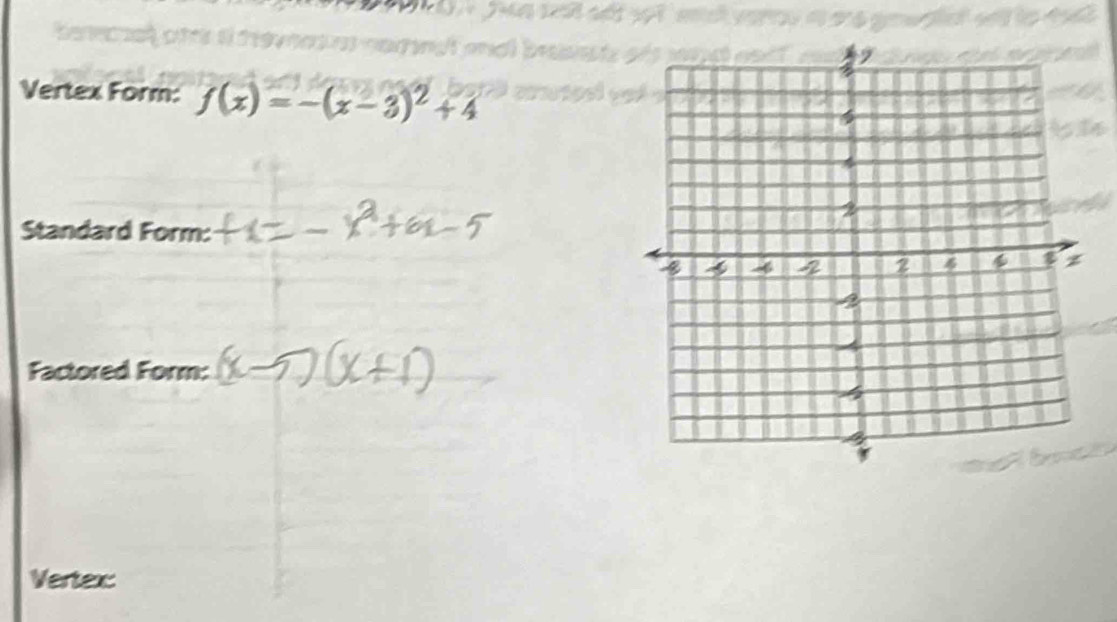 Senec 
Vertex Form: f(x)=-(x-3)^2+4
Standard Form: 
Factored Form: 
Vertex: