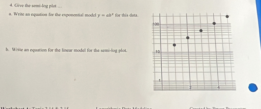 Give the semi-log plot … 
a. Write an equation for the exponential model y=ab^x for this data. 
b. Write an equation for the linear model for the semi-log plot.