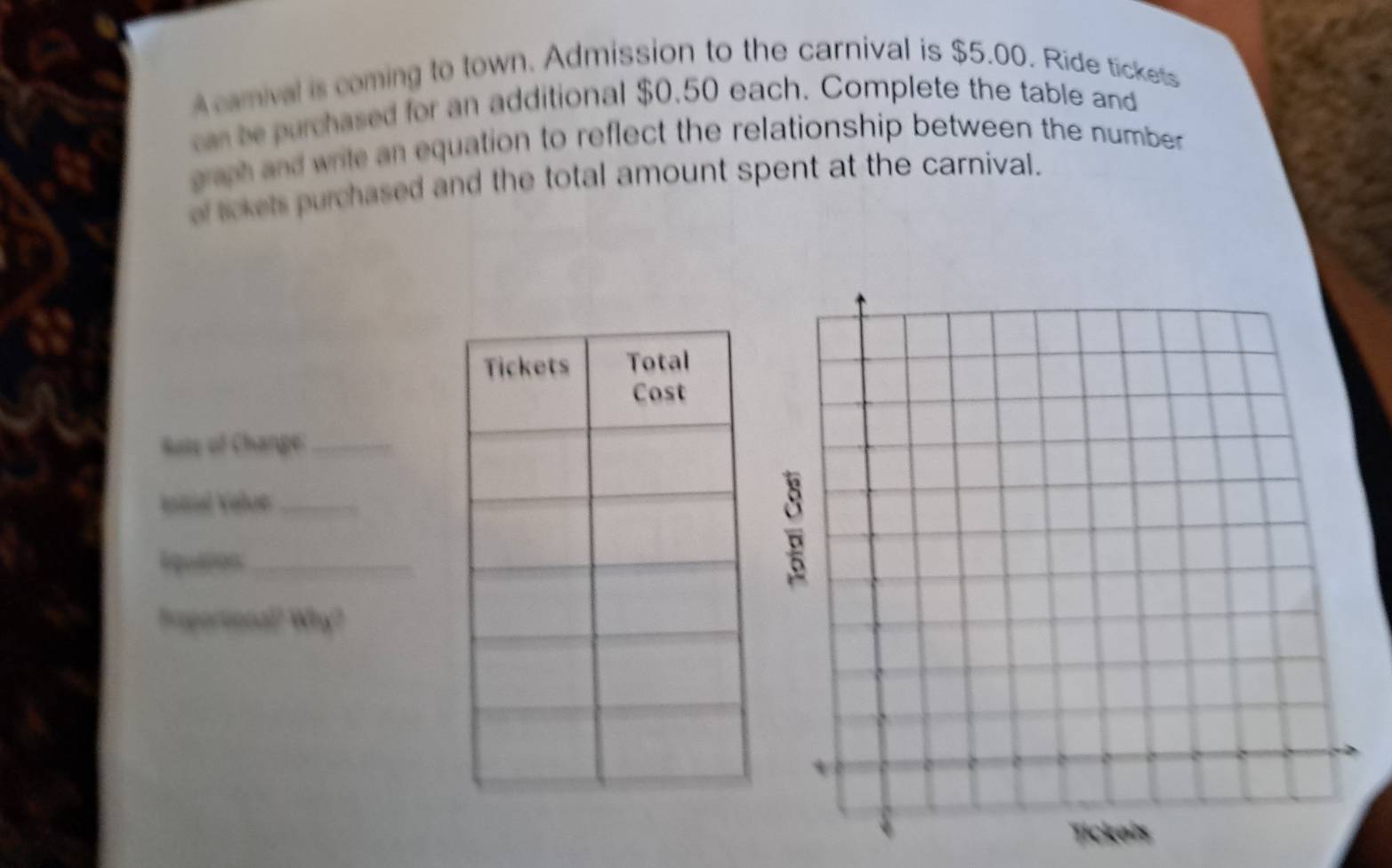 Acamival is coming to town. Admission to the carnival is $5.00. Ride tickets 
can be purchased for an additional $0,50 each. Complete the table and 
graph and wrile an equation to reflect the relationship between the number 
of tickets purchased and the total amount spent at the carnival. 
Rate of Change:_ 
Islaé Value_ 
lquation_ 
Iaportional? Wy