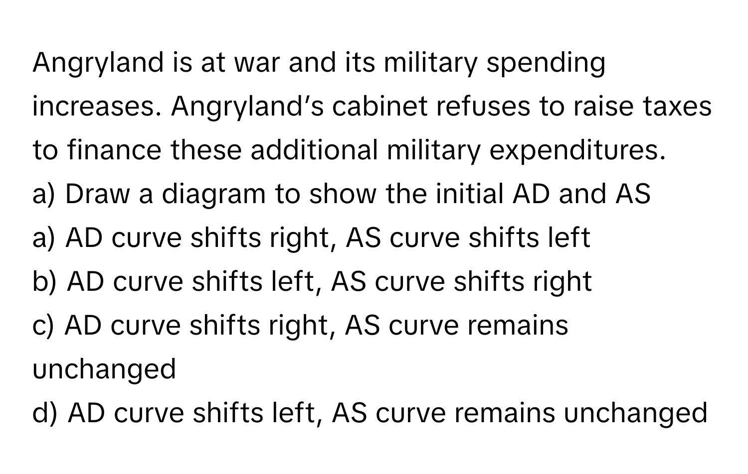 Angryland is at war and its military spending increases. Angryland’s cabinet refuses to raise taxes to finance these additional military expenditures. 
a) Draw a diagram to show the initial AD and AS
a) AD curve shifts right, AS curve shifts left 
b) AD curve shifts left, AS curve shifts right 
c) AD curve shifts right, AS curve remains unchanged 
d) AD curve shifts left, AS curve remains unchanged