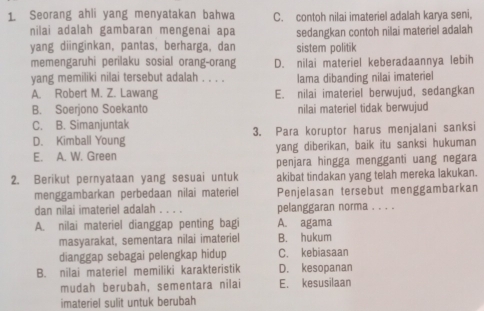 Seorang ahli yang menyatakan bahwa C. contoh nilai imateriel adalah karya seni,
nilai adalah gambaran mengenai apa sedangkan contoh nilai materiel adalah
yang diinginkan, pantas, berharga, dan sistem politik
memengaruhi perilaku sosial orang-orang D. nilai materiel keberadaannya lebih
yang memiliki nilai tersebut adalah . . . . lama dibanding nilai imateriel
A. Robert M. Z. Lawang E. nilai imateriel berwujud, sedangkan
B. Soerjono Soekanto nilai materiel tidak berwujud
C. B. Simanjuntak
D. Kimball Young 3. Para koruptor harus menjalani sanksi
E. A. W. Green yang diberikan, baik itu sanksi hukuman
penjara hingga mengganti uang negara
2. Berikut pernyataan yang sesuai untuk akibat tindakan yang telah mereka lakukan.
menggambarkan perbedaan nilai materiel Penjelasan tersebut menggambarkan
dan nilai imateriel adalah . . . pelanggaran norma . . . .
A. nilai materiel dianggap penting bagi A. agama
masyarakat, sementara nilai imateriel B. hukum
dianggap sebagai pelengkap hidup C. kebiasaan
B. nilai materiel memiliki karakteristik D. kesopanan
mudah berubah, sementara nilai E. kesusilaan
imateriel sulit untuk berubah