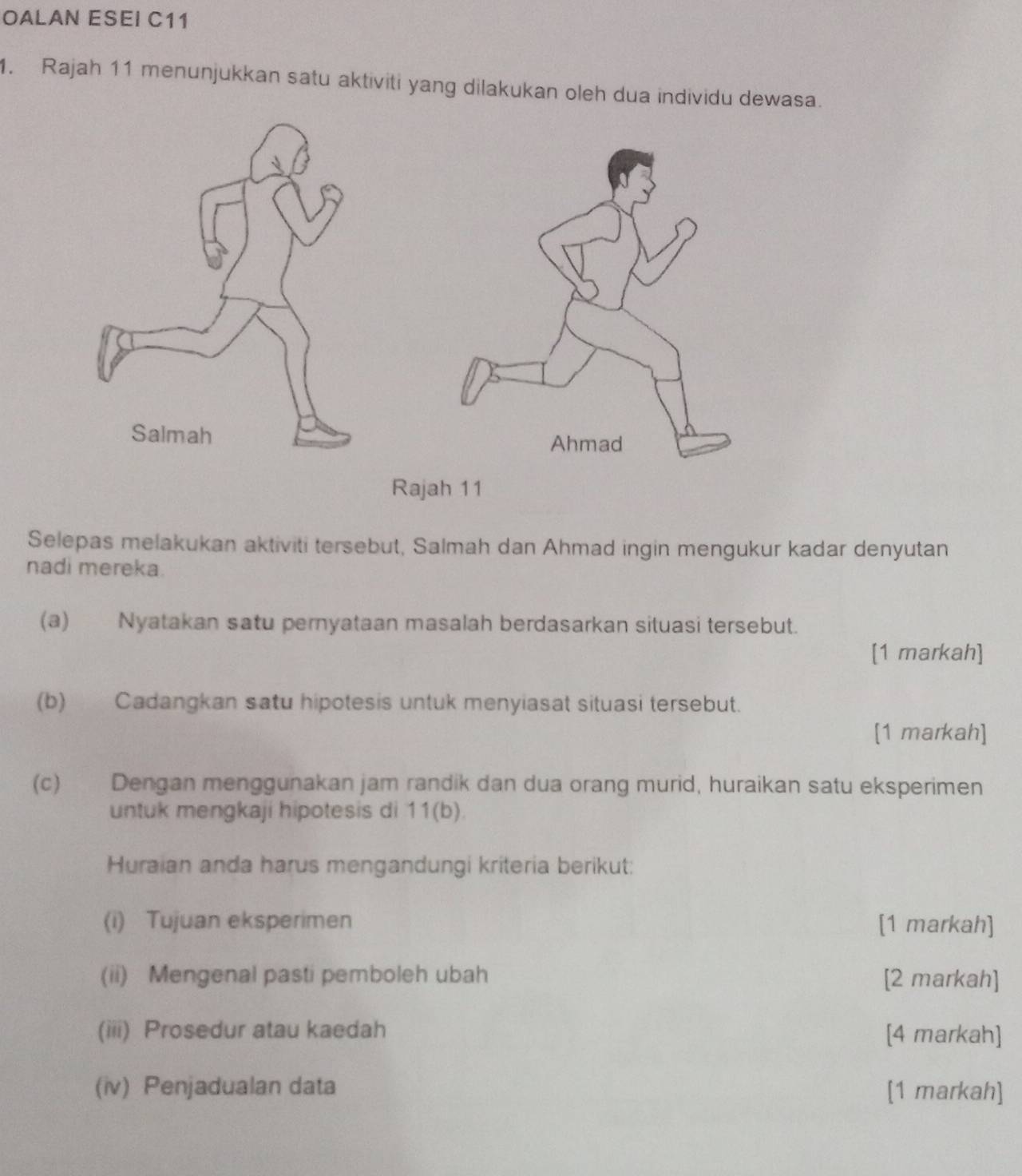 OALAN ESEI C11 
1. Rajah 11 menunjukkan satu aktiviti yang dilakukan oleh dua individu dewasa. 
Selepas melakukan aktiviti tersebut, Salmah dan Ahmad ingin mengukur kadar denyutan 
nadi mereka. 
(a) Nyatakan satu pernyataan masalah berdasarkan situasi tersebut. 
[1 markah] 
(b) Cadangkan satu hipotesis untuk menyiasat situasi tersebut. 
[1 markah] 
(c) Dengan menggunakan jam randik dan dua orang murid, huraikan satu eksperimen 
untuk mengkaji hipotesis di 11(b). 
Huraian anda harus mengandungi kriteria berikut: 
(i) Tujuan eksperimen [1 markah] 
(ii) Mengenal pasti pemboleh ubah [2 markah] 
(iii) Prosedur atau kaedah [4 markah] 
(iv) Penjadualan data [1 markah]