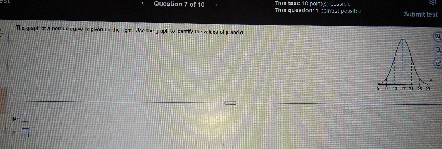 This test: 10 point(s) possible 
This question: 1 point(s) possible Submit test 
The graph of a normal curve is given on the right. Use the graph to identify the values ofμ and σ +
mu =□
sigma =□