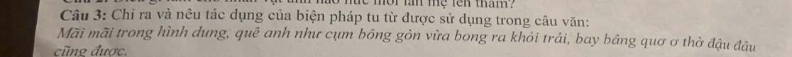 me mờr lan mẹ fen tham? 
Câu 3: Chỉ ra và nêu tác dụng của biện pháp tu từ được sử dụng trong câu văn: 
Mãi mãi trong hình dung, quê anh như cụm bông gòn vừa bong ra khỏi trái, bay bâng quơ ơ thờ đậu đâu 
cũng được.