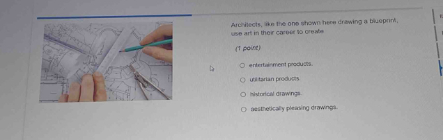 Architects, like the one shown here drawing a blueprint,
use art in their career to create
(1 point)
entertainment products.
utilitarian products.
historical drawings
aesthetically pleasing drawings.