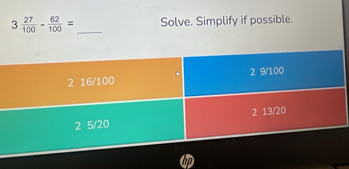 3 27/100 - 62/100 = _Solve. Simplify if possible.