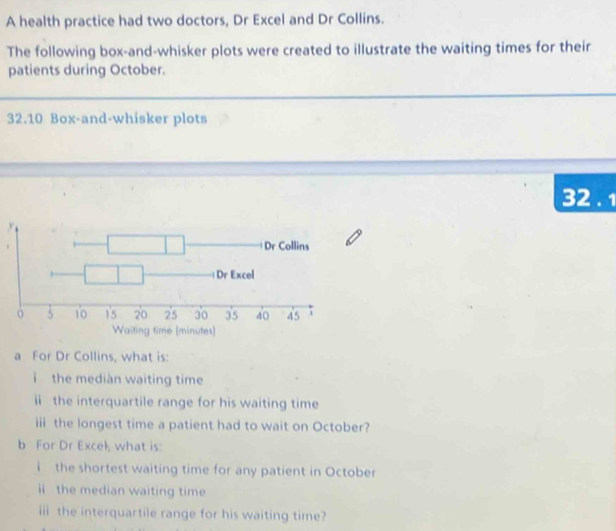 A health practice had two doctors, Dr Excel and Dr Collins. 
The following box-and-whisker plots were created to illustrate the waiting times for their 
patients during October.
32.10 Box-and-whisker plots
32 .1
a For Dr Collins, what is: 
i the mediàn waiting time 
ii the interquartile range for his waiting time 
ii the longest time a patient had to wait on October? 
b For Dr Excek, what is: 
i the shortest waiting time for any patient in October 
i the median waiting time 
ii the interquartile range for his waiting time?