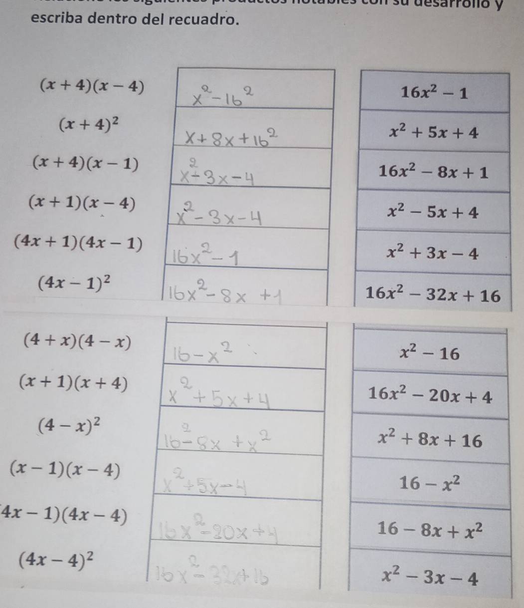Resuelto:desarróló y escriba dentro del recuadro. (x+4)(x-4) (x+4)^2 ...