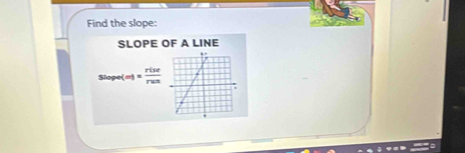 Find the slope: 
SLOPE OF A LINE
Slope(m)= rise/run 