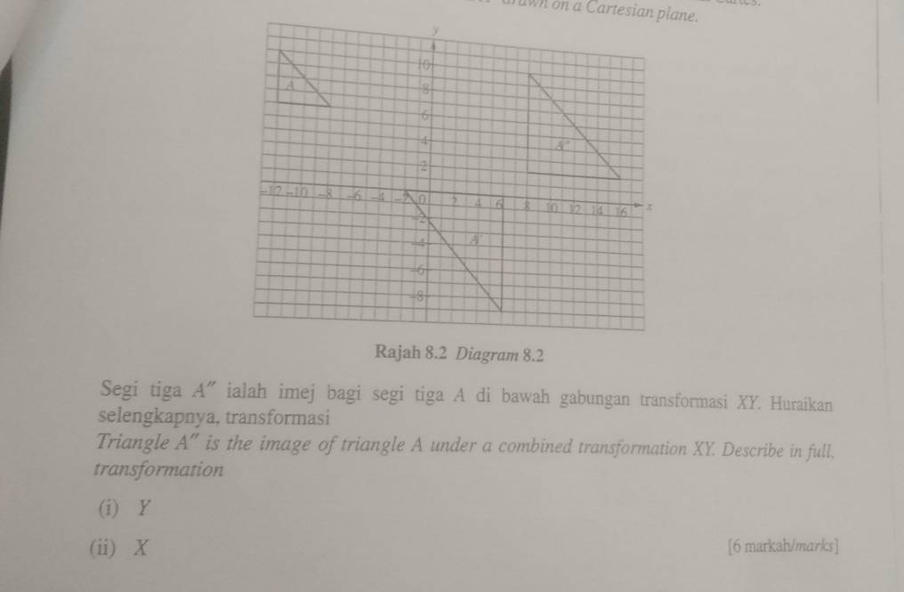 urwn on a Cartesian plane.
Segi tiga A'' ialah imej bagi segi tiga A di bawah gabungan transformasi XY. Huraikan
selengkapnya, transformasi
Triangle A ” is the image of triangle A under a combined transformation XY. Describe in full,
transformation
(i) Y
(ii) X [6 markah/marks]