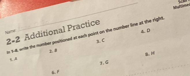 Scan 
Multime 
2-2 Additional Practice 
Name: 
4. D 
In 1-8, write the number positioned at each point on the number line at the right 
3. C
2. B
8. H
1. A
7. G
6. F