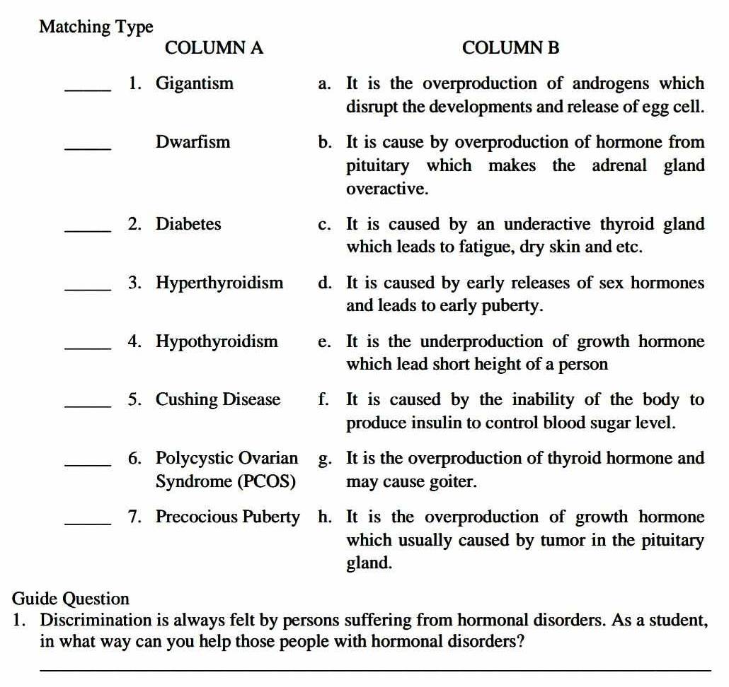 Matching Type
COLUMN A COLUMN B
_1. Gigantism a. It is the overproduction of androgens which
disrupt the developments and release of egg cell.
_Dwarfism b. It is cause by overproduction of hormone from
pituitary which makes the adrenal gland
overactive.
_2. Diabetes c. It is caused by an underactive thyroid gland
which leads to fatigue, dry skin and etc.
_3. Hyperthyroidism d. It is caused by early releases of sex hormones
and leads to early puberty.
_4. Hypothyroidism e. It is the underproduction of growth hormone
which lead short height of a person
_5. Cushing Disease f. It is caused by the inability of the body to
produce insulin to control blood sugar level.
_6. Polycystic Ovarian g. It is the overproduction of thyroid hormone and
Syndrome (PCOS) may cause goiter.
_7. Precocious Puberty h. It is the overproduction of growth hormone
which usually caused by tumor in the pituitary
gland.
Guide Question
1. Discrimination is always felt by persons suffering from hormonal disorders. As a student,
in what way can you help those people with hormonal disorders?
_