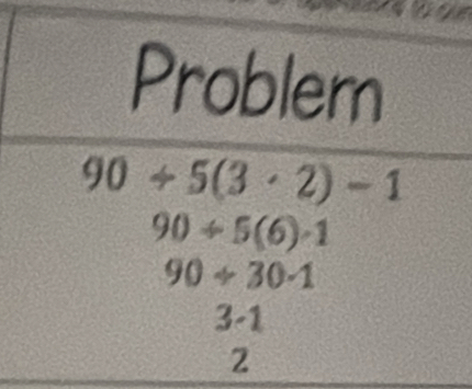 Problem
90+5(3· 2)-1
90/ 5(6)· 1
90+30-1
3-1
2