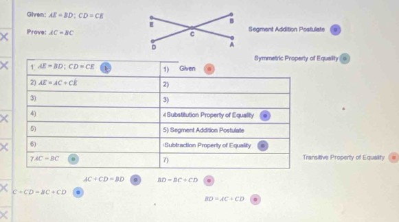 Given: AE=BD:CD=CE
Prove: AC=BC Segment Addition Postulate 
Symmetric Property of Equality 
× 1 AE=BD; CD=CE 1) Given 
2) AE=AC+CE
2) 
3) 
3) 
× 4) 4 Substitution Property of Equality 
5) 5) Segment Addition Postulate 
χ 6) 
=Subtraction Property of Equality
7AC=BC
7) 
Transitive Property of Equality
AC+CD=BD. BD=BC+CD
C+CD=BC+CD
BD=AC+CD