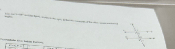 this m∠ 9=88°
anytes and the tigune, shown to the right, io fint the messures of the otes seven nomsennt 
Complete the table below.
m∠ 1= □°
