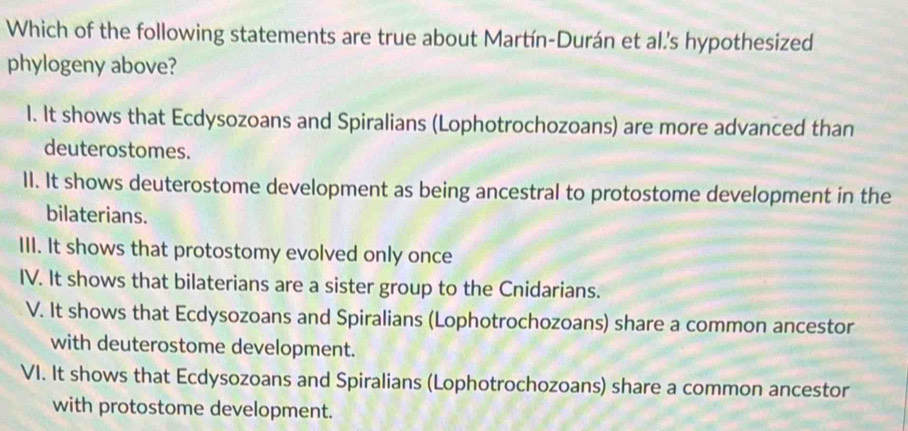 Which of the following statements are true about Martín-Durán et al.'s hypothesized
phylogeny above?
I. It shows that Ecdysozoans and Spiralians (Lophotrochozoans) are more advanced than
deuterostomes.
II. It shows deuterostome development as being ancestral to protostome development in the
bilaterians.
III. It shows that protostomy evolved only once
IV. It shows that bilaterians are a sister group to the Cnidarians.
V. It shows that Ecdysozoans and Spiralians (Lophotrochozoans) share a common ancestor
with deuterostome development.
VI. It shows that Ecdysozoans and Spiralians (Lophotrochozoans) share a common ancestor
with protostome development.