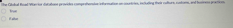 The Global Road Warrior database provides comprehensive information on countries, including their culture, customs, and business practices.
True
False