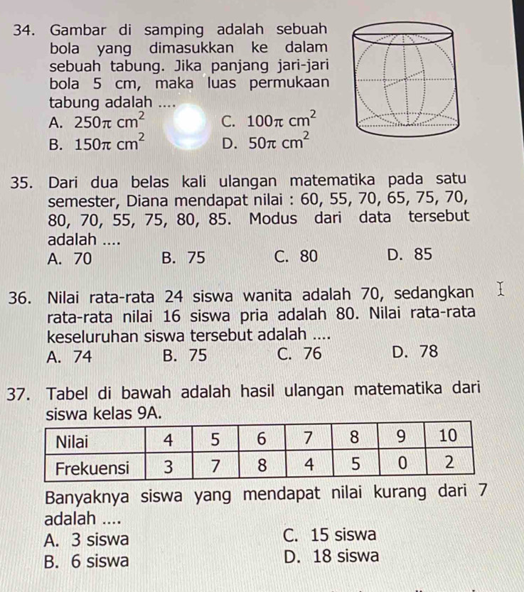 Gambar di samping adalah sebuah
bola yang dimasukkan ke dalam
sebuah tabung. Jika panjang jari-jari
bola 5 cm, maka luas permukaan
tabung adalah ....
A. 250π cm^2 C. 100π cm^2
B. 150π cm^2 D. 50π cm^2
35. Dari dua belas kali ulangan matematika pada satu
semester, Diana mendapat nilai : 60, 55, 70, 65, 75, 70,
80, 70, 55, 75, 80, 85. Modus dari data tersebut
adalah ....
A. 70 B. 75 C. 80 D. 85
36. Nilai rata-rata 24 siswa wanita adalah 70, sedangkan
rata-rata nilai 16 siswa pria adalah 80. Nilai rata-rata
keseluruhan siswa tersebut adalah ....
A. 74 B. 75 C. 76 D. 78
37. Tabel di bawah adalah hasil ulangan matematika dari
siswa kelas 9A.
Banyaknya siswa yang mendapat nilai kurang dari 7
adalah ....
A. 3 siswa C. 15 siswa
B. 6 siswa D. 18 siswa