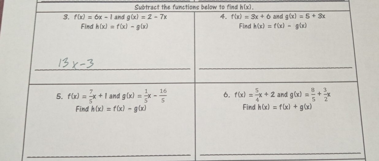 Subtract the functions below to find h(x).