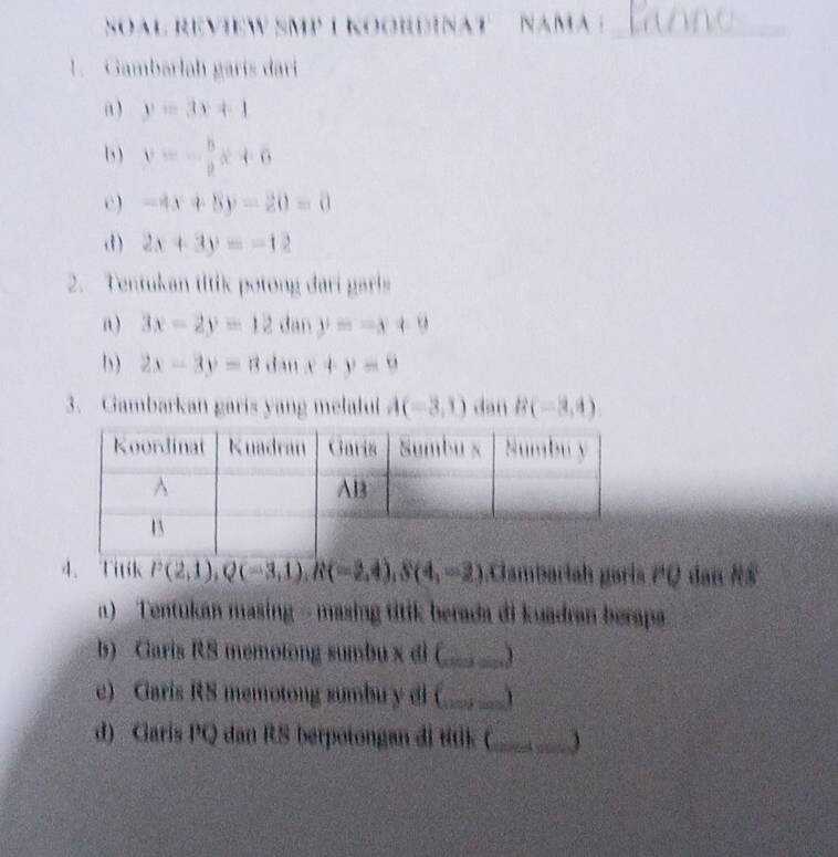 SoAL REVIEW SMP 1 KOOrdInAt nama :_ 
1. Gambarlah garis dari 
a ) y=3x+1
b ) y=- 5/2 x+6
c) -4x+5y-20=0
d) 2x+3y=-12
2. Tentukan titik potong dari garls 
a) 3x-2y=12 dan y=-x+9
b ) 2x-3y=8 dan x+y=0
3. Gambarkan garis yang melalui A(-3,1) dan B(-3,4)
4. Titik P(2,1), Q(-3,1), R(-2,4), S(4,-2) Cambariah paris PQ dan RS
n) Tentukan masing - masing titik berada di kuadran berapa 
b) Garis RS memotong sumbu x di (_ 
e) Glaris RS memotong sumbu y di (_ 1 
d) Garis PQ dan RS berpotongan đi títik (_ 3